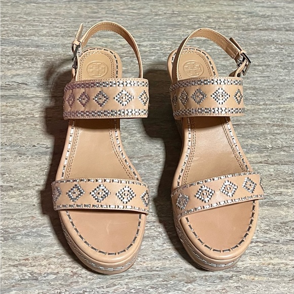 Tory Burch Natural Vachetta Ankle Strap Wedge Calf Leather Sandals - Picture 2 of 16